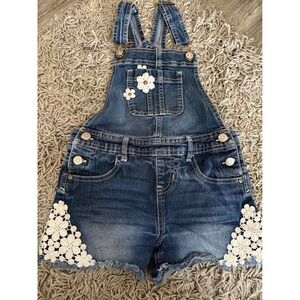 Jordache Kids Denim Overalls Shorts Flower Crochet Lace Trim Size M 7 8